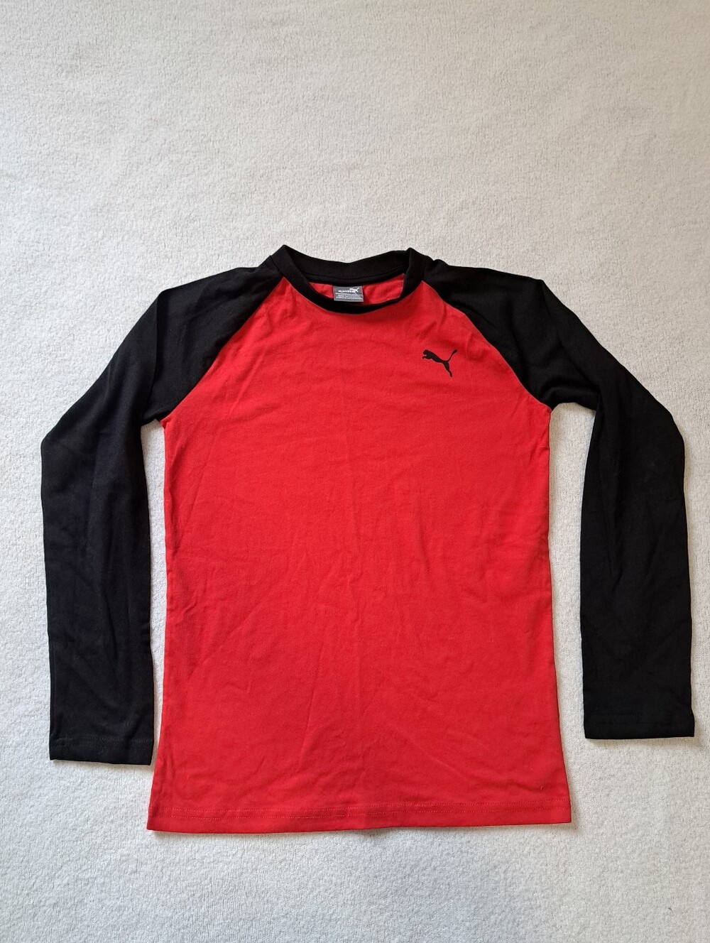 Puma Boys Red and Black Long Sleeve Raglan Tee Boys Size 8 Cotton Crew Tshirt